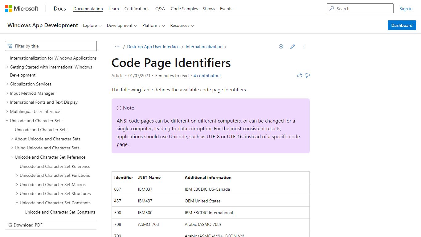 Code Page Identifiers - Win32 apps | Microsoft Docs