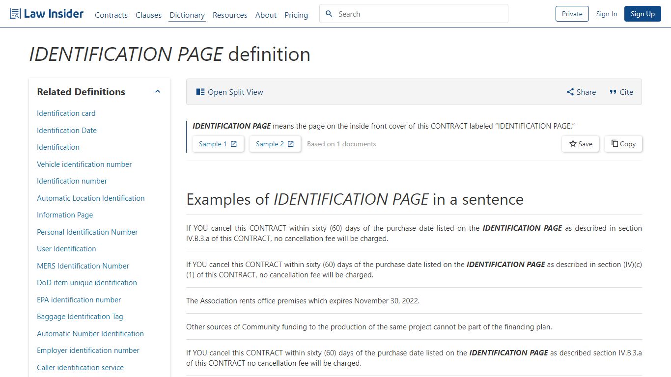 IDENTIFICATION PAGE Definition | Law Insider