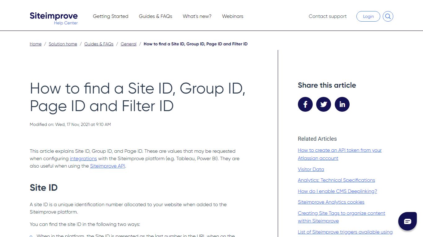 How to find a Site ID, Group ID, Page ID and Filter ID - Siteimprove